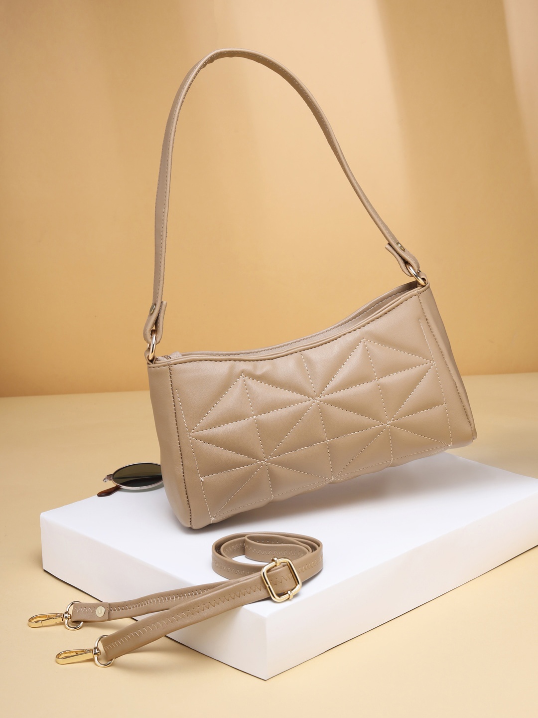 

VIRAASI STUDIO Beige Textured PU Structured Sling Bag with Quilted