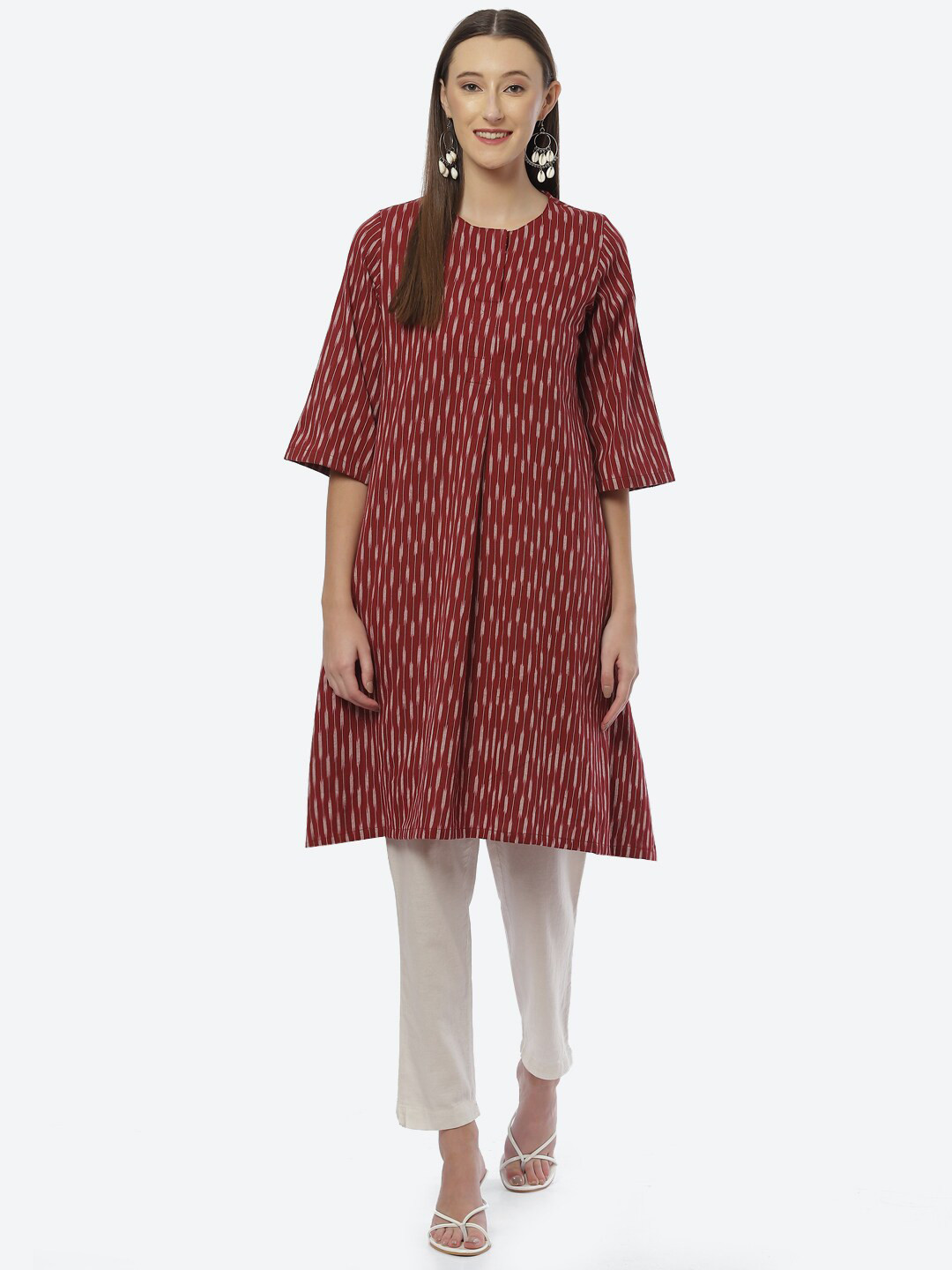 

Biba Women Maroon Ethnic Motifs Printed Flared Sleeves Thread Work Kurta