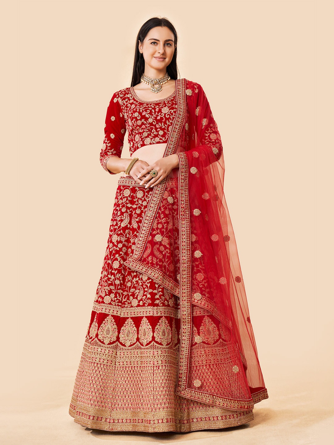 

Fusionic Red & Gold-Toned Embroidered Semi-Stitched Lehenga & Unstitched Blouse With Dupatta