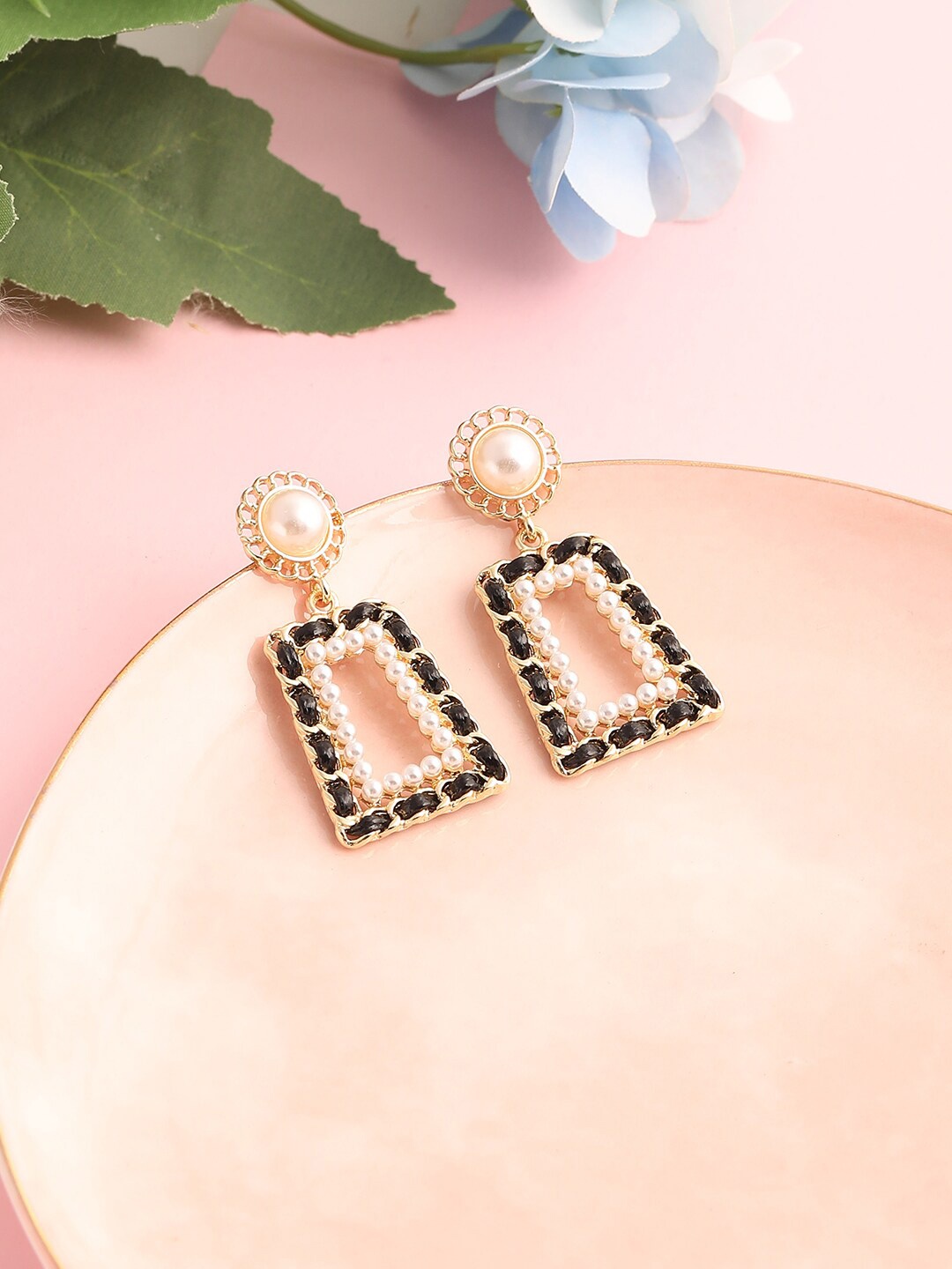 

SOHI Peach-Coloured & Black Contemporary Drop Earrings