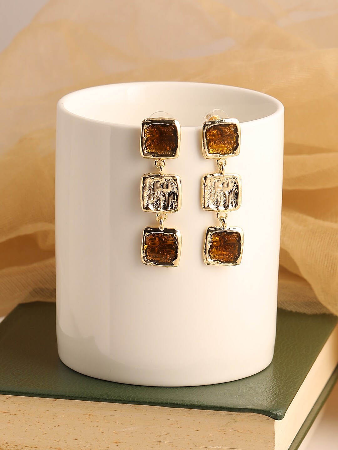 

SOHI Brown & White Gold-Plated Contemporary Drop Earrings