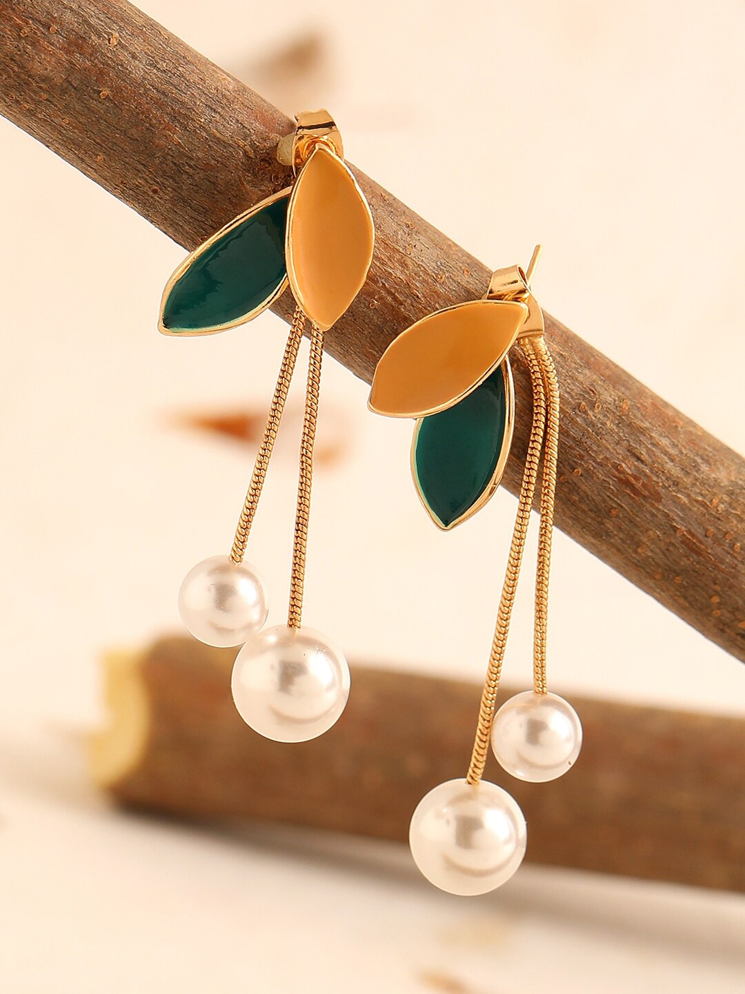 

SOHI Green & Beige Contemporary Drop Earrings