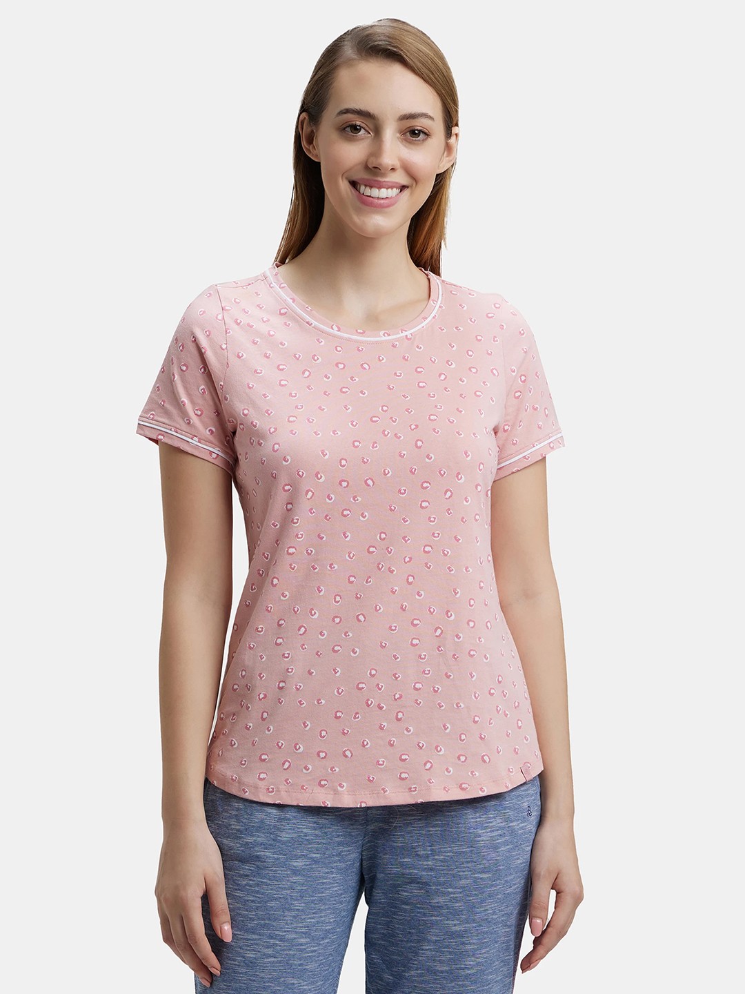 

Jockey Super Combed Cotton Relaxed Fit Printed Round Neck Half Sleeve Tshirt - RX57, Peach