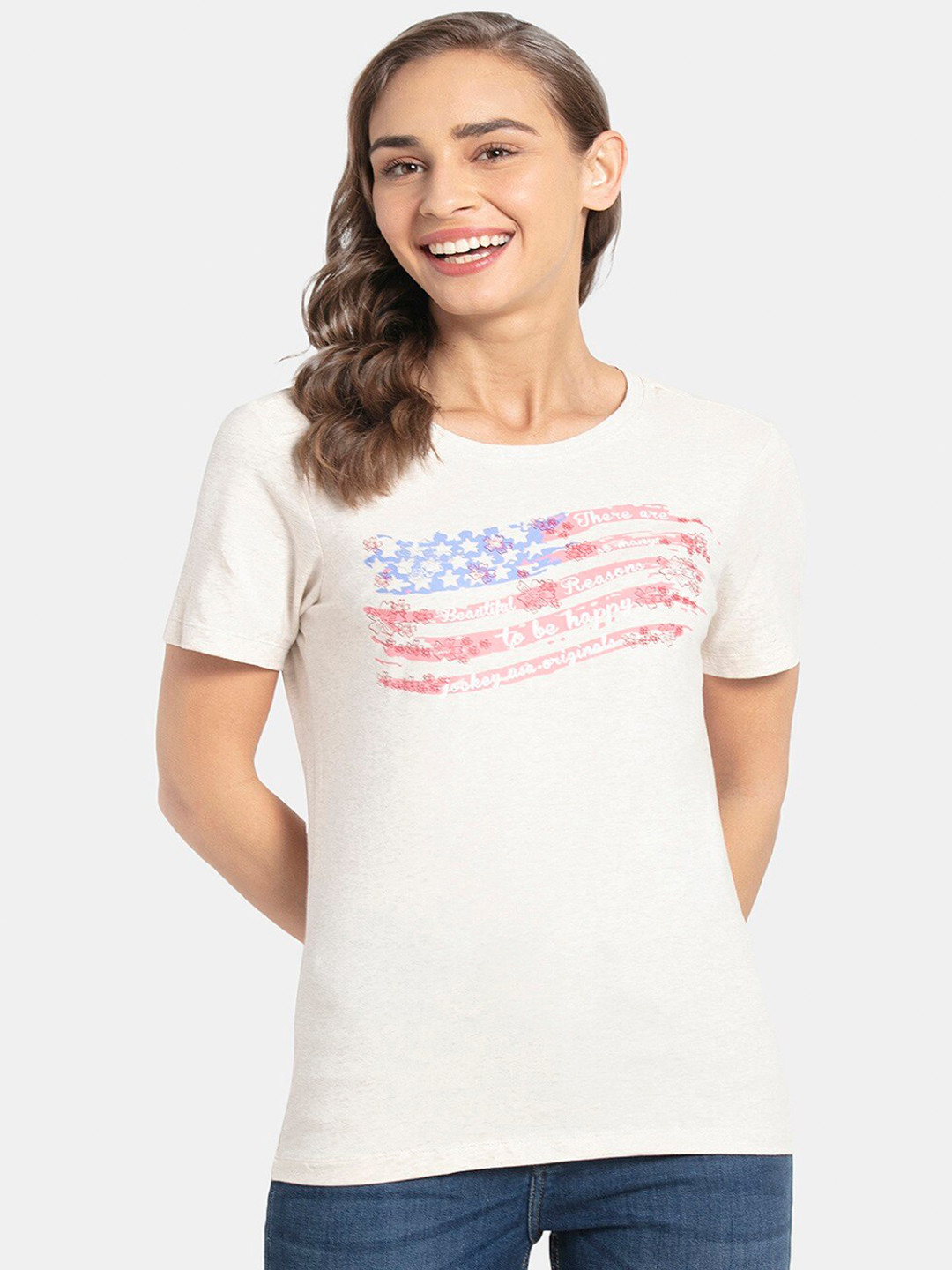 

Jockey Women Cream-Coloured & Blue Printed Cotton T-shirt