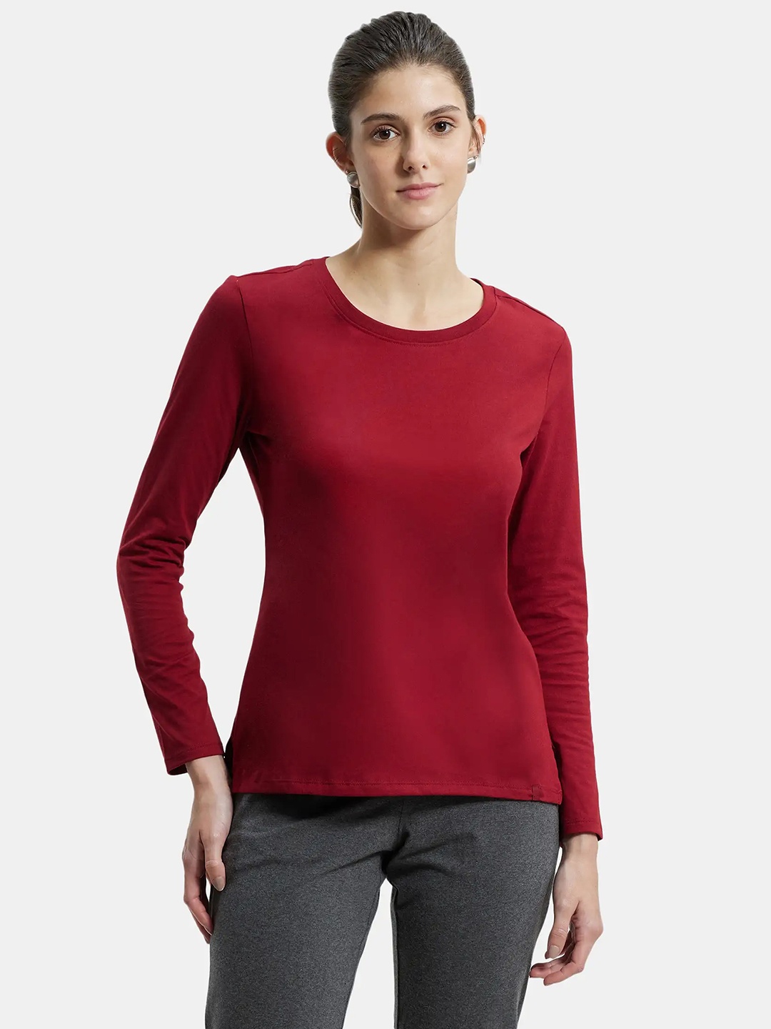 

Jockey Super Combed Cotton Rich Relaxed Fit Solid Round Neck Full Sleeve Tshirt, Maroon