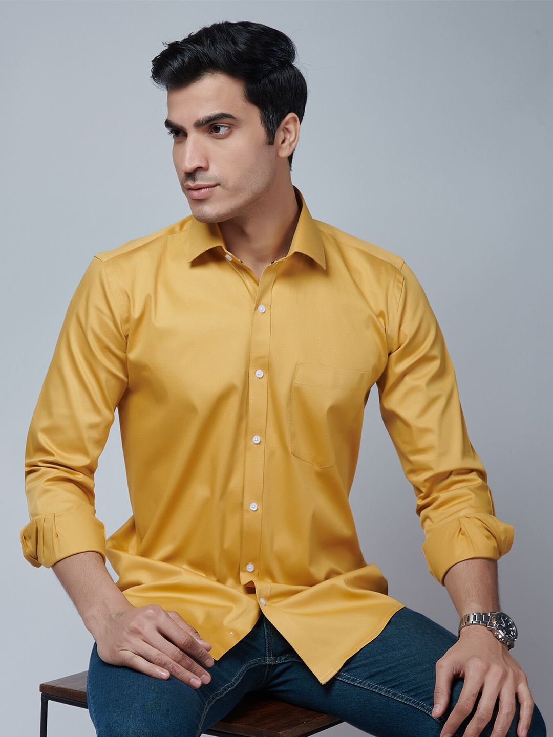 

MARK & ALBERT Men Yellow Classic Slim Fit Cotton Stretchable Casual Shirt