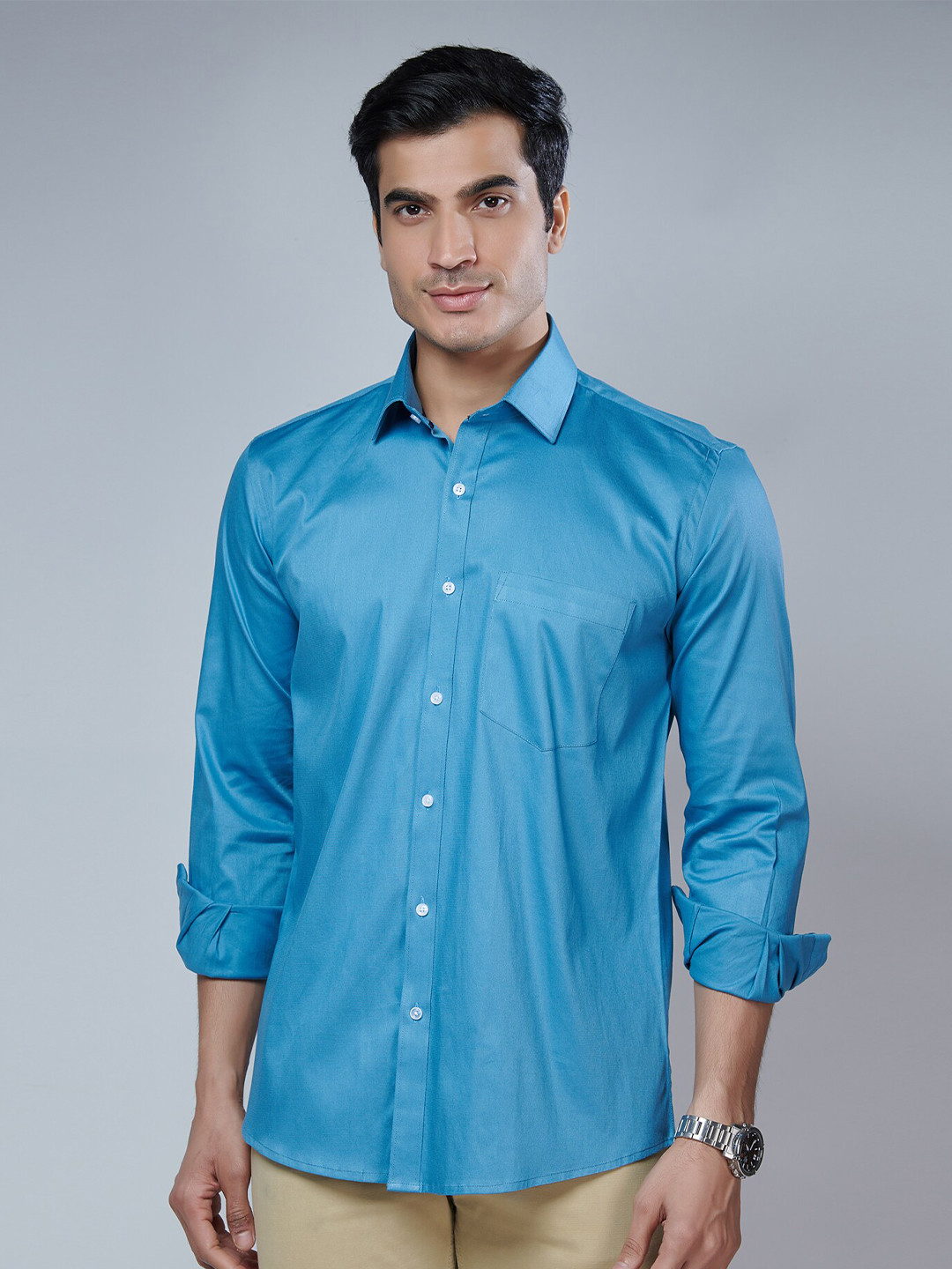 

MARK & ALBERT Men Turquoise Blue Classic Slim Fit Cotton Stretchable Casual Shirt