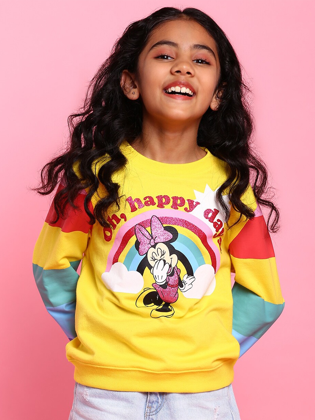 

BONKIDS Girls Yellow Minnie Mouse Printed Cotton Sweatshirt