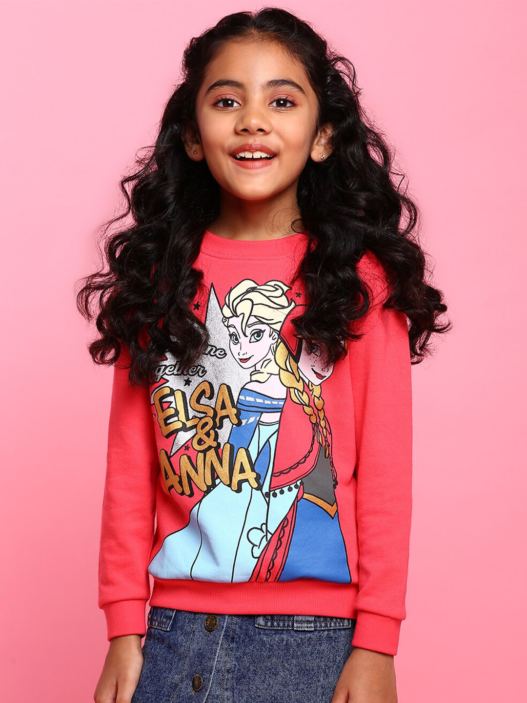 

BONKIDS Girls Coral Pink Elsa & Anna Printed Cotton Sweatshirt