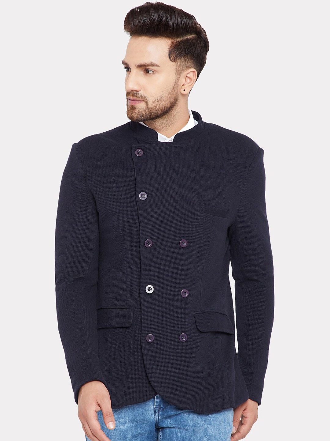 

CHILL WINSTON Men Navy Blue Solid Double Breasted Bandhgala Blazer