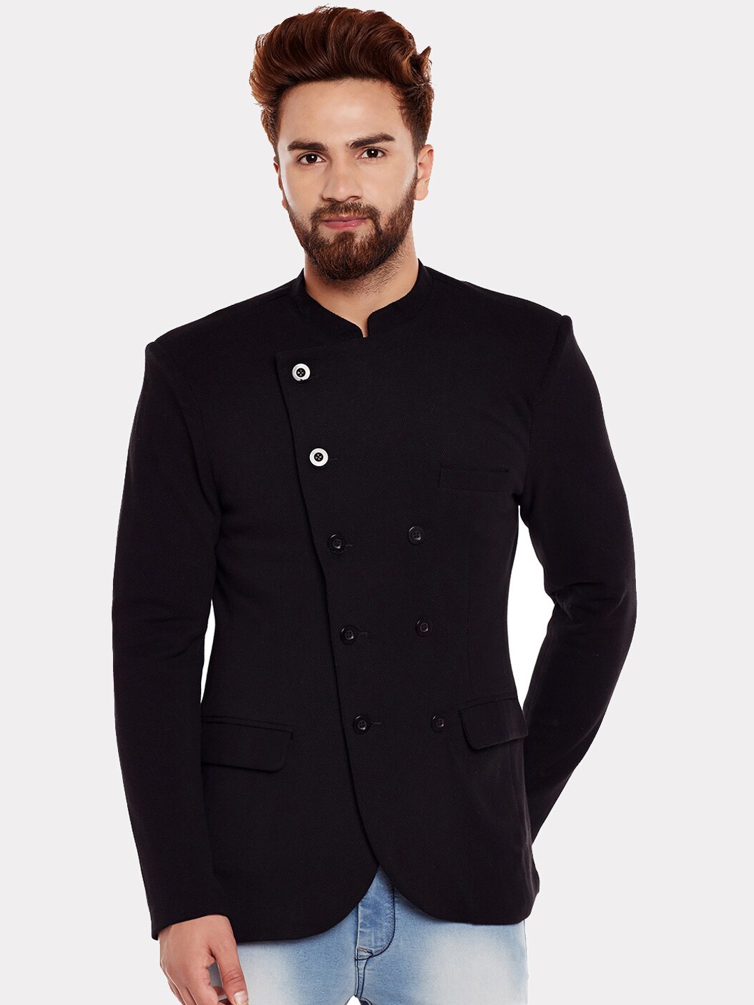 

CHILL WINSTON Men Black Solid Cotton Slim-Fit Double-Breasted Bandhgala Blazer