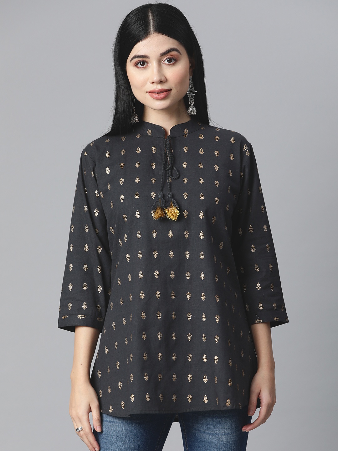 

HIGHLIGHT FASHION EXPORT Charcoal Grey Pure Cotton Ethnic Motifs Print Longline Top