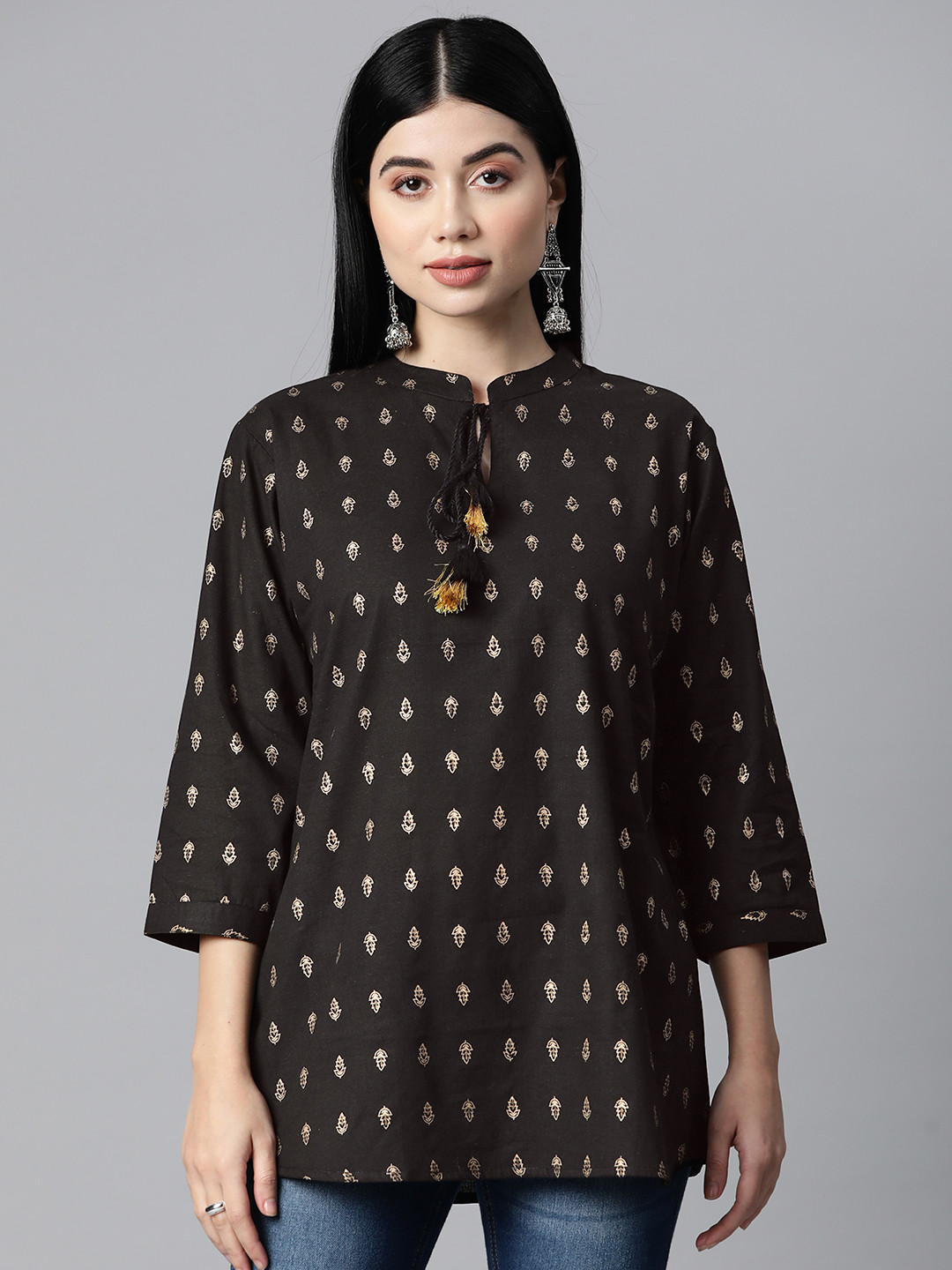 

HIGHLIGHT FASHION EXPORT Women Black & Gold-Toned Ethnic Motifs Print Top