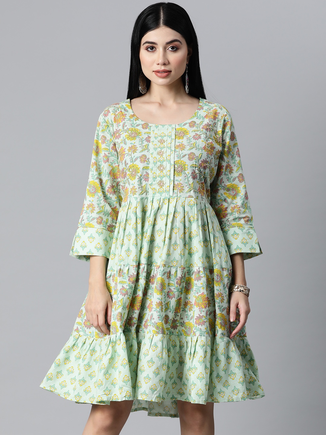 

HIGHLIGHT FASHION EXPORT Women Green & Yellow Floral Print Empire Dress