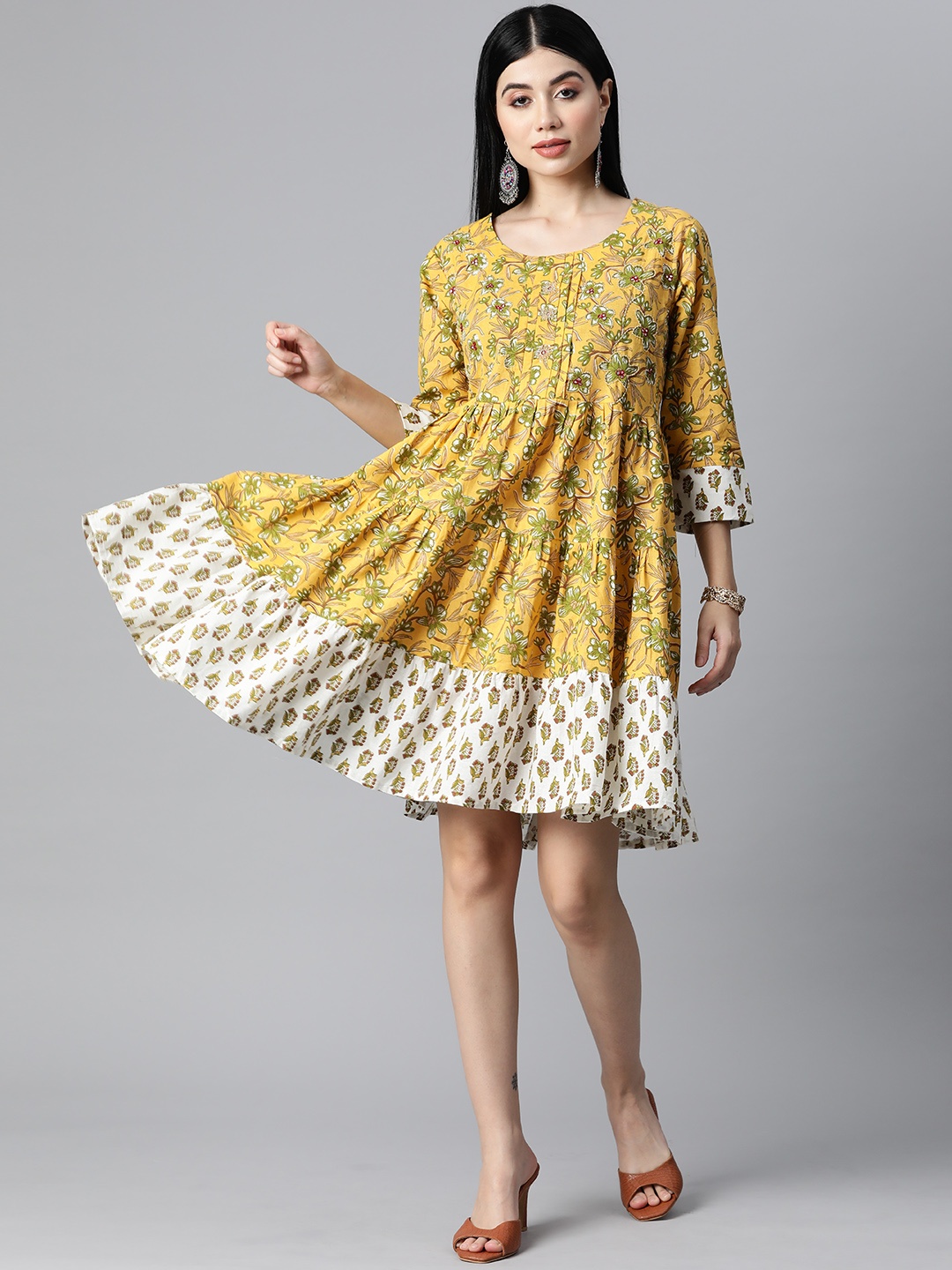 

HIGHLIGHT FASHION EXPORT Women Mustard & Green Floral Print Fit & Flare Dress