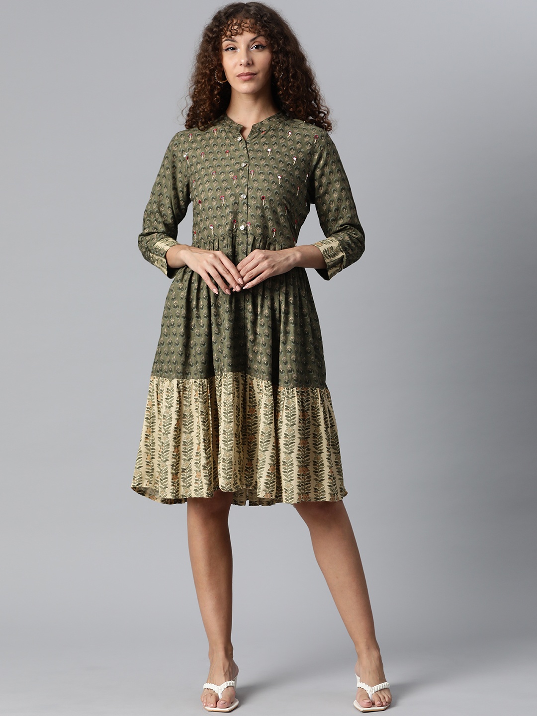

HIGHLIGHT FASHION EXPORT Women Olive & Beige Floral Print Fit & Flare Dress