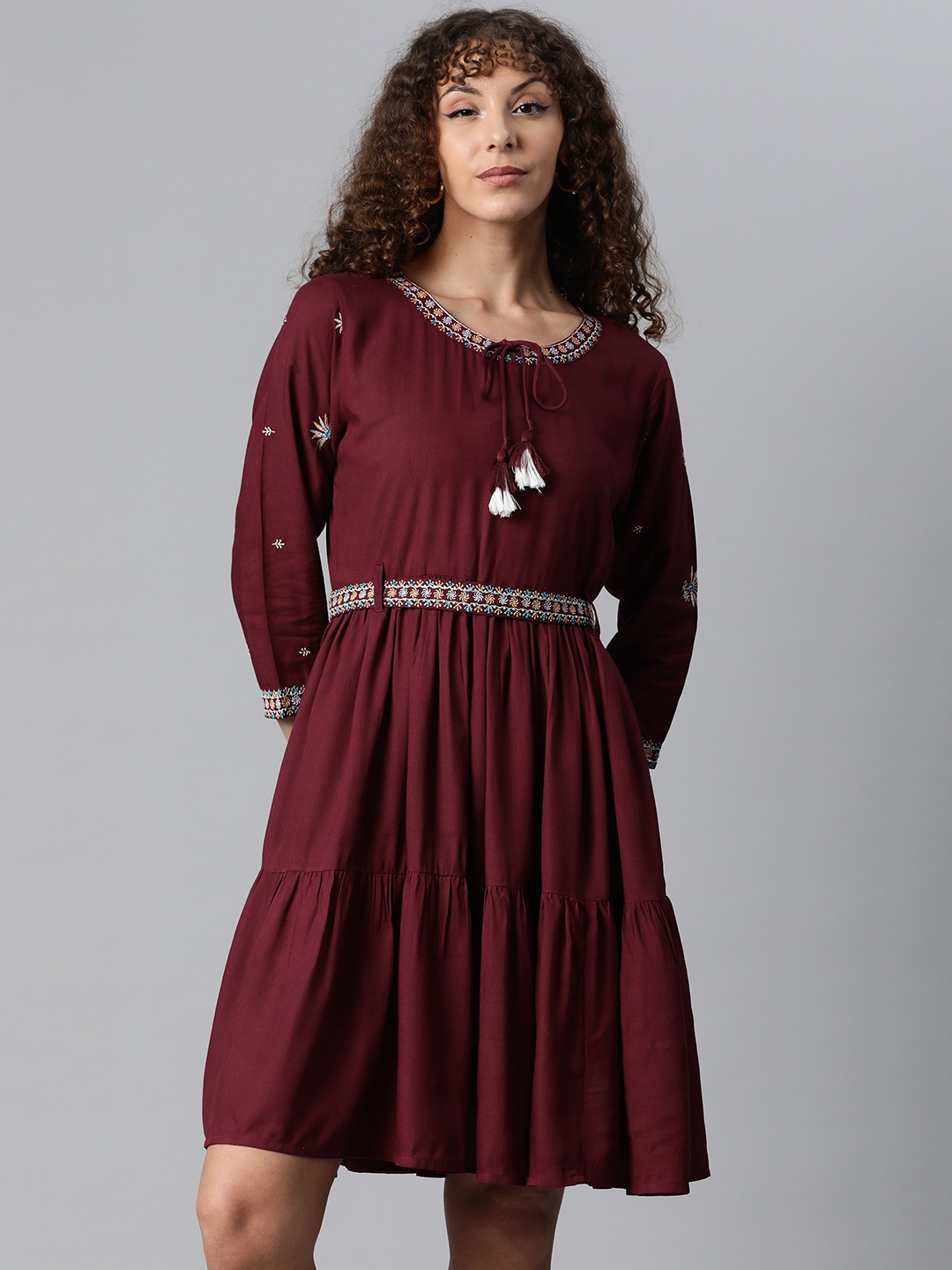 

HIGHLIGHT FASHION EXPORT Women Burgundy Solid Fit & Flare Dress
