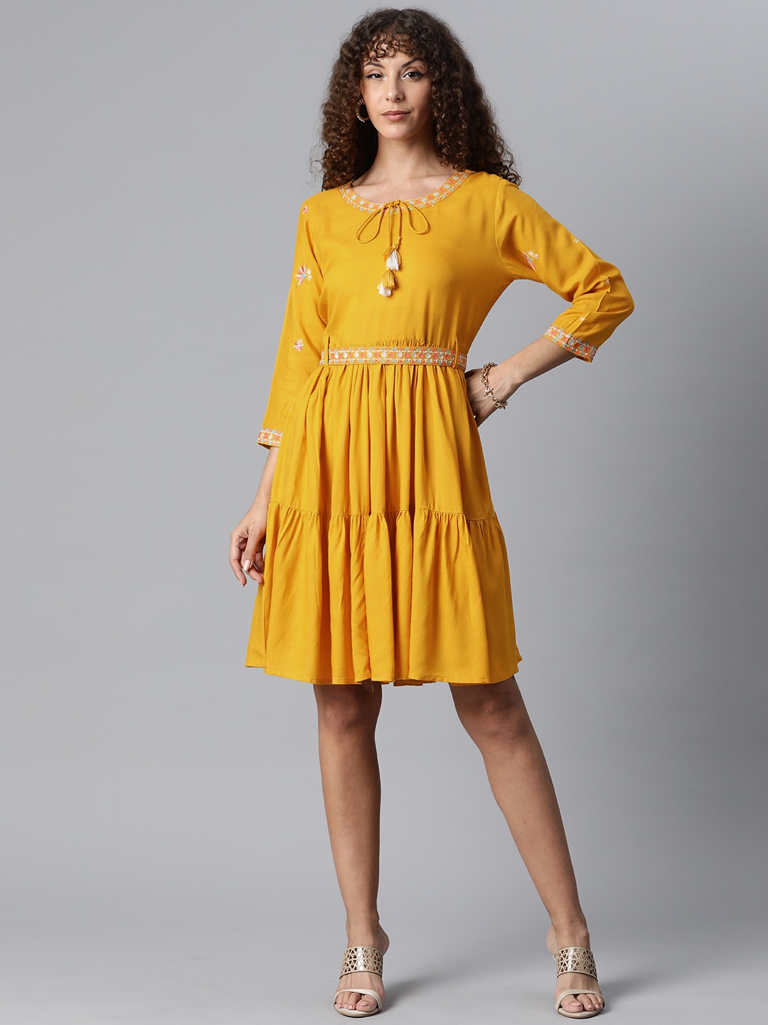 

HIGHLIGHT FASHION EXPORT Women Yellow Solid Fit & Flare Midi Dress