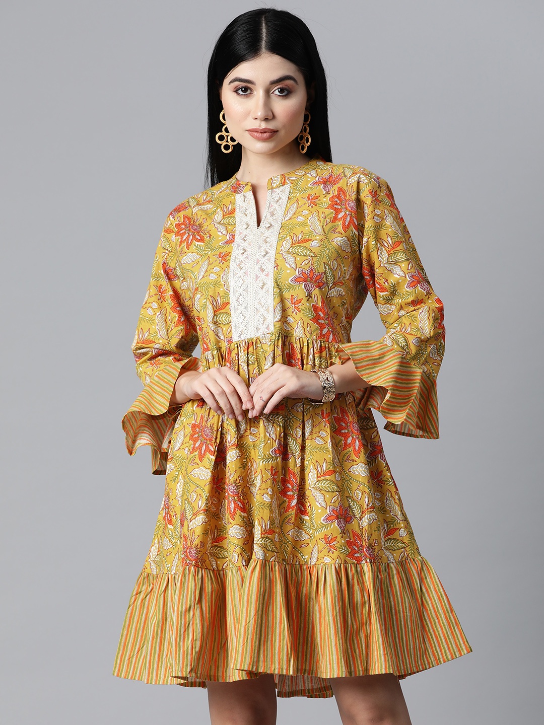 

HIGHLIGHT FASHION EXPORT Women Mustard & Red Floral Print Fit & Flare Dress