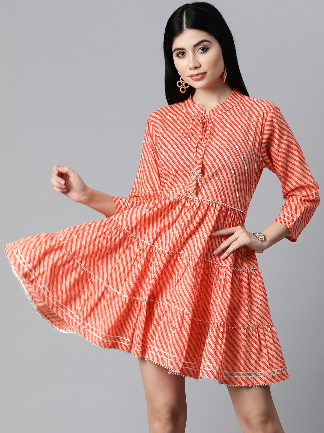 

HIGHLIGHT FASHION EXPORT Women Orange & White Striped Fit & Flare Dress