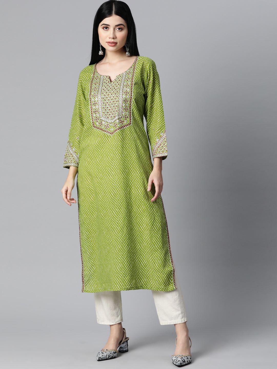 

HIGHLIGHT FASHION EXPORT Women Green & Red Leheriya Embroidered Kurta