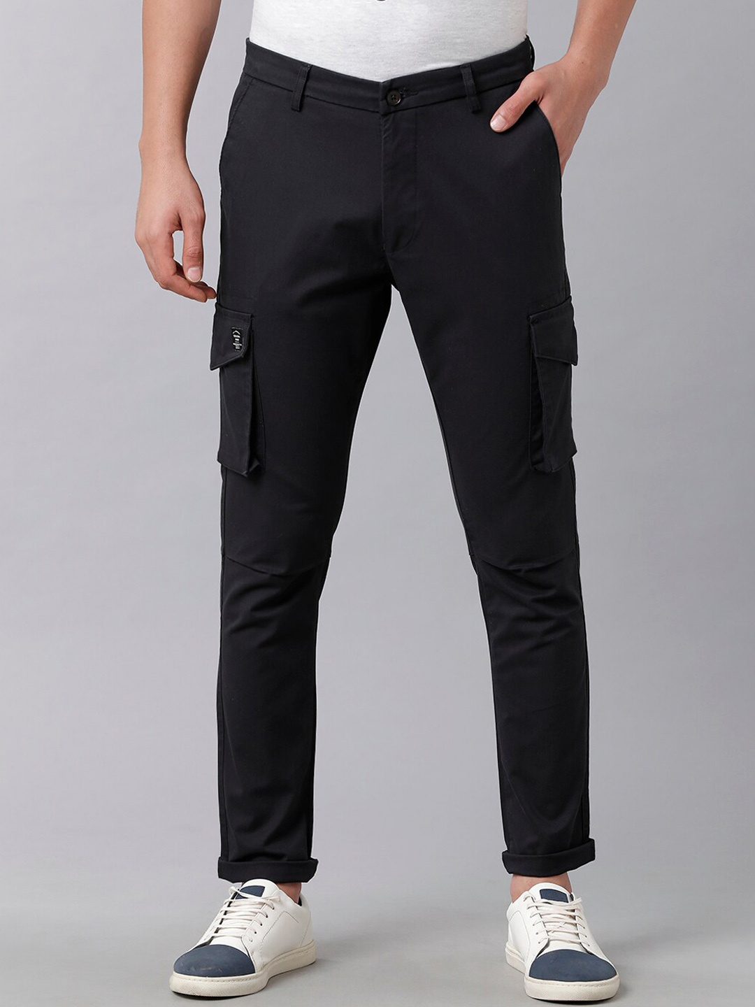 

YOVISH Men Black Tailored Tapered Fit Cargos Trousers