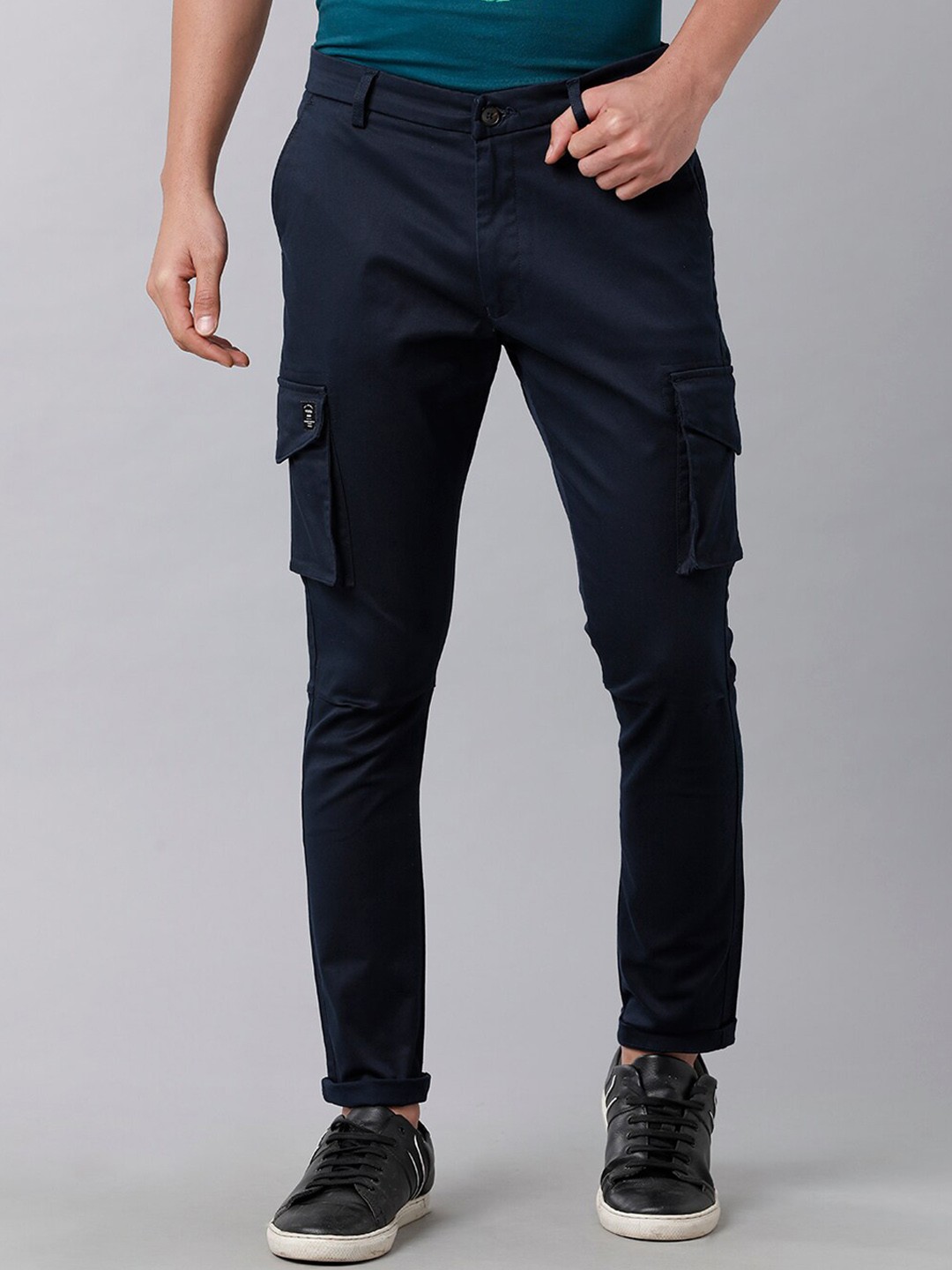 

YOVISH Men Navy Blue Tailored Tapered Fit Cargos Trousers