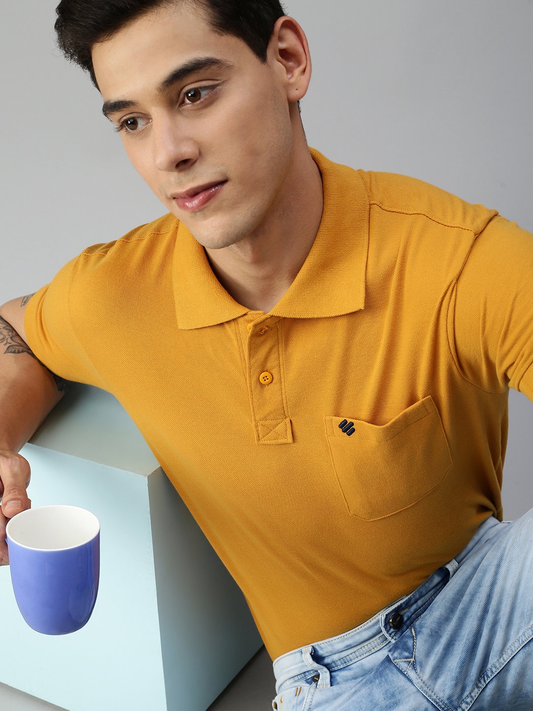 

ONN Men Mustard Yellow Solid Polo Collar T-shirt