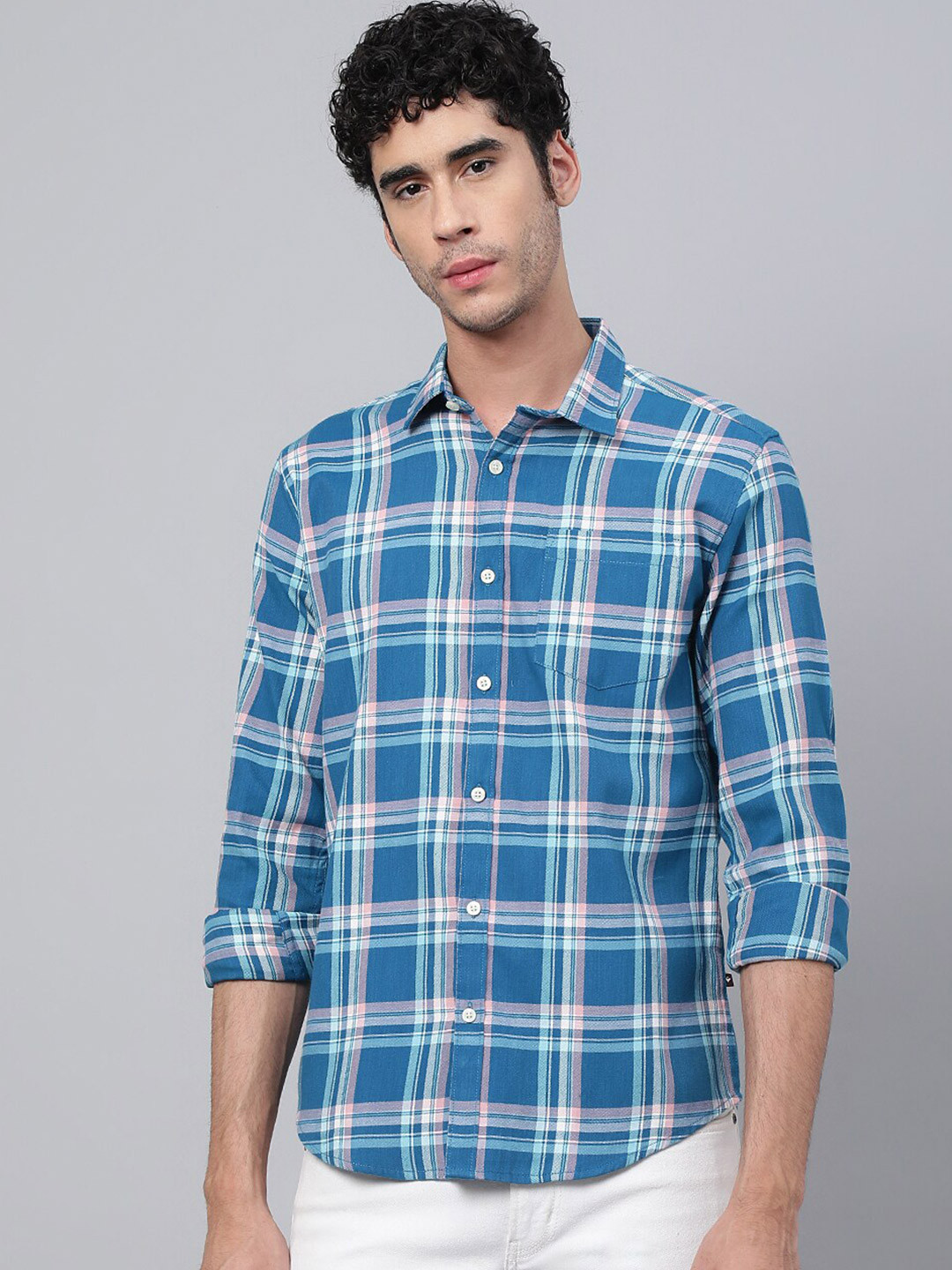 

VEIRDO Men Tartan Checks Sheer Printed Casual Cotton Shirt, Blue