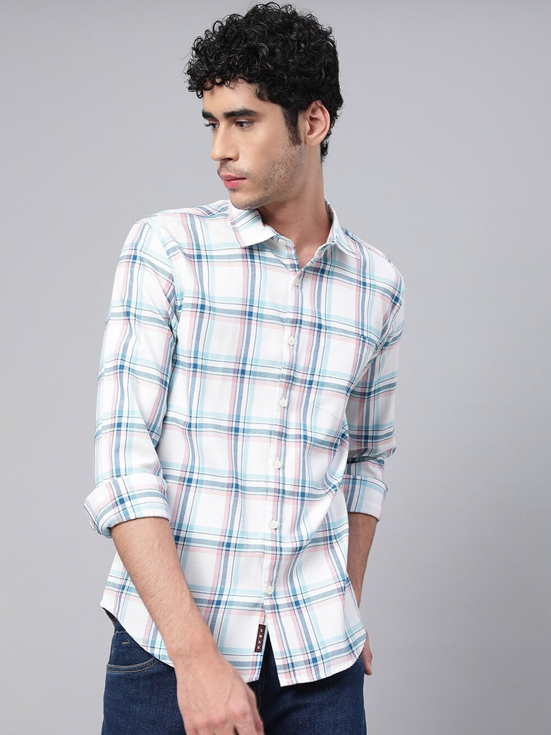 

VEIRDO Men Tartan Checks Printed Casual Cotton Shirt, Off white