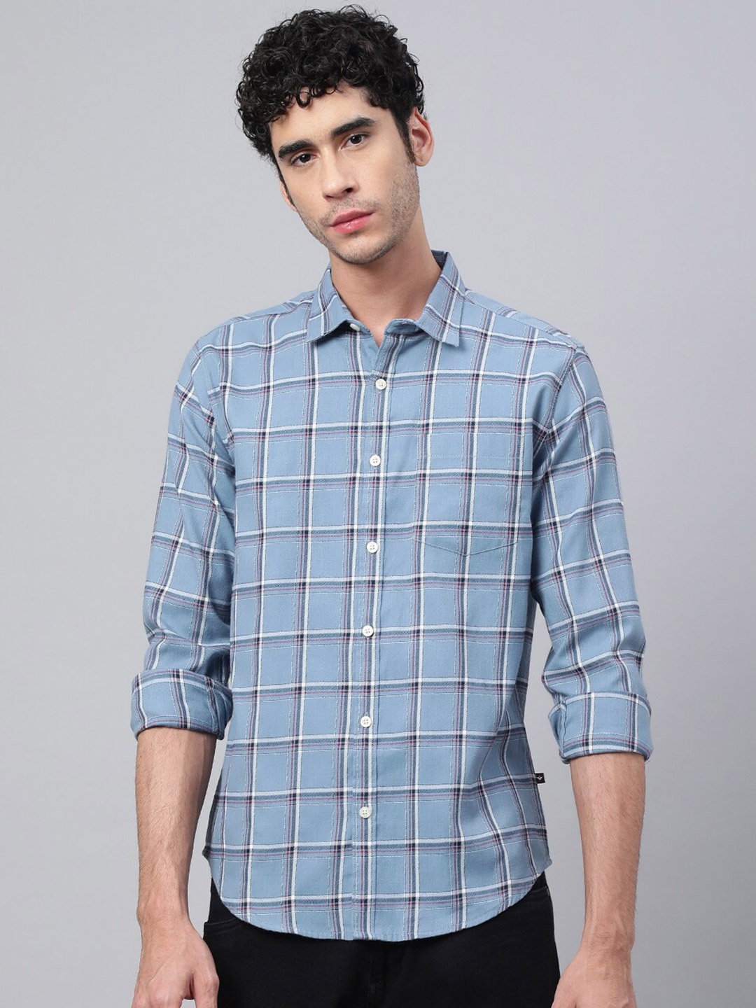 

VEIRDO Men Tartan Checks Casual Cotton Shirt, Grey