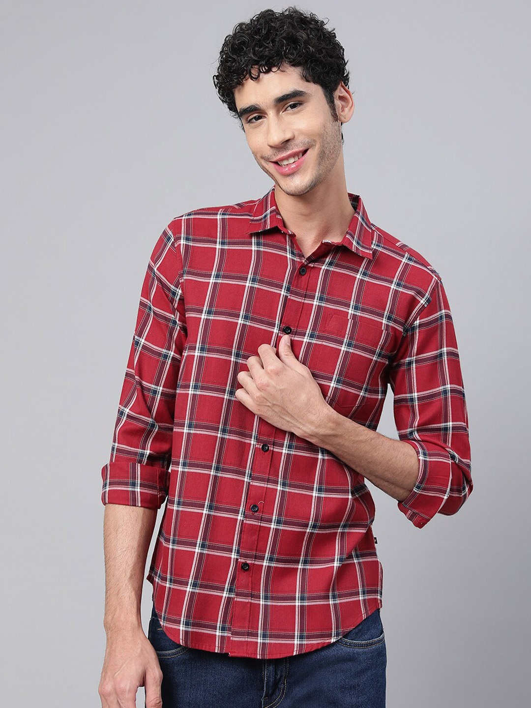 

VEIRDO Men Tartan Checks Casual Cotton Shirt, Red