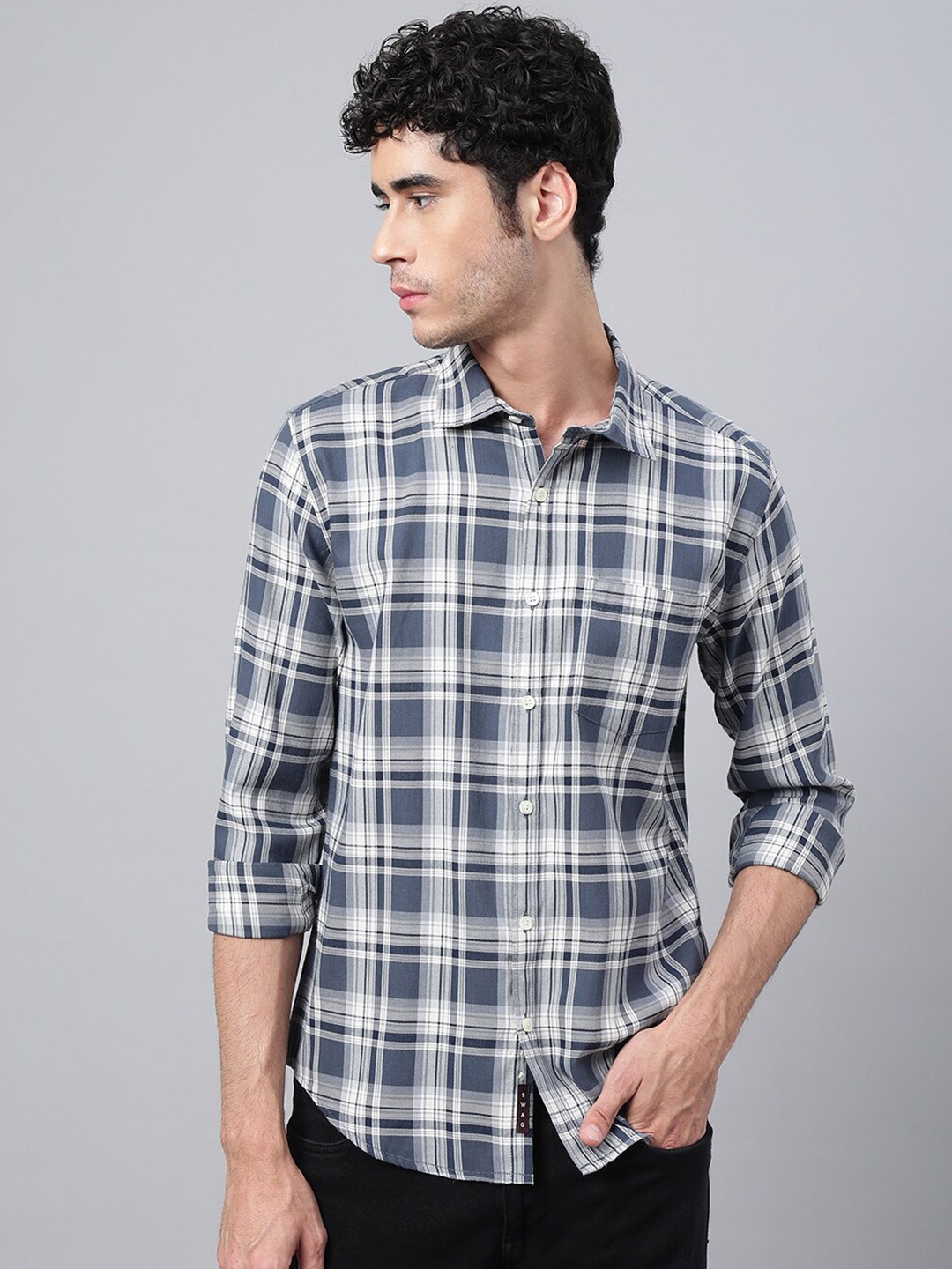 

VEIRDO Men Tartan Checks Casual Cotton Shirt, Blue
