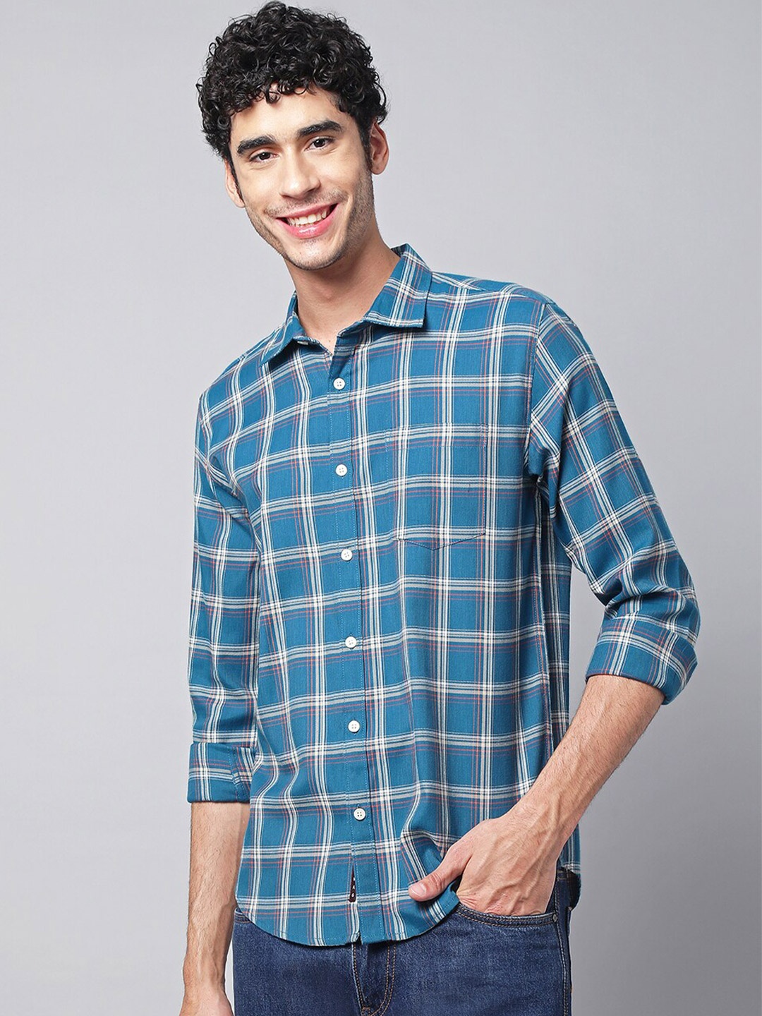 

VEIRDO Men Tartan Checks Casual Cotton Shirt, Blue