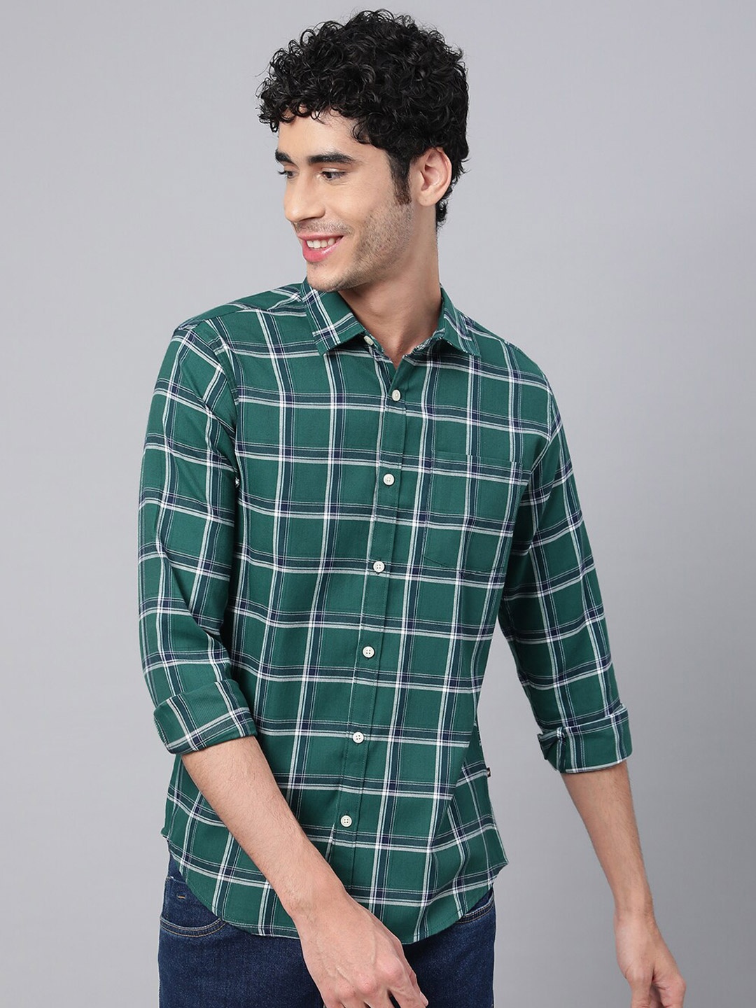 

VEIRDO Men Windowpane Checks Casual Cotton Shirt, Green