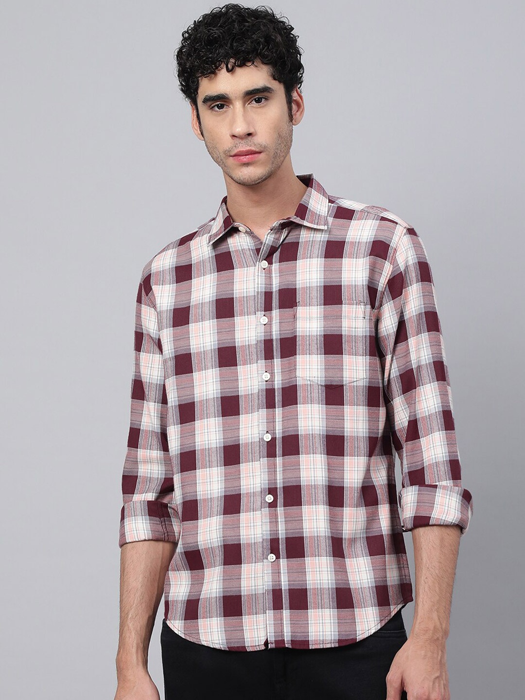

VEIRDO Men Buffalo Checks Casual Pure Cotton Shirt, Maroon