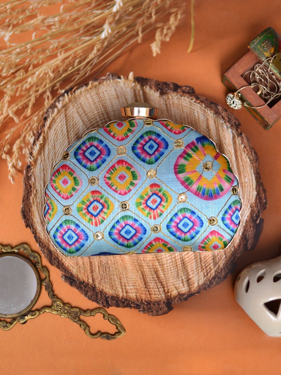 

ARTKLIM Blue & Yellow Printed Embroidered Half Moon Clutch