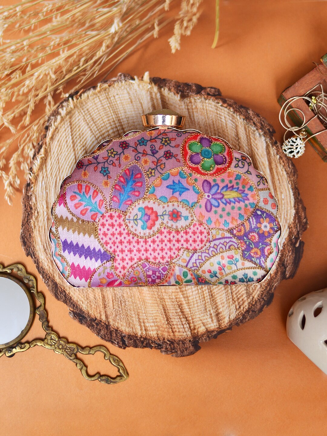 

ARTKLIM Purple & Pink Printed Embroidered Half Moon Clutch