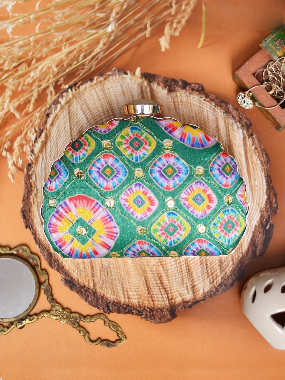 

ARTKLIM Green & Blue Printed Embroidered Half Moon Clutch