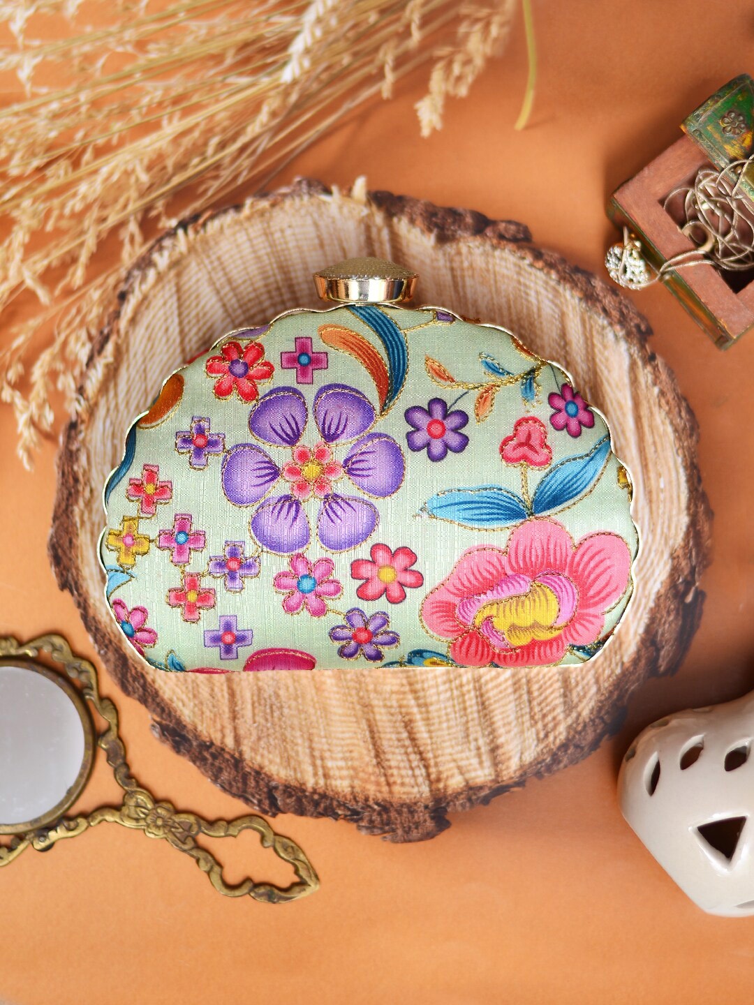 

ARTKLIM Green & Purple Printed Embroidered Half Moon Clutch