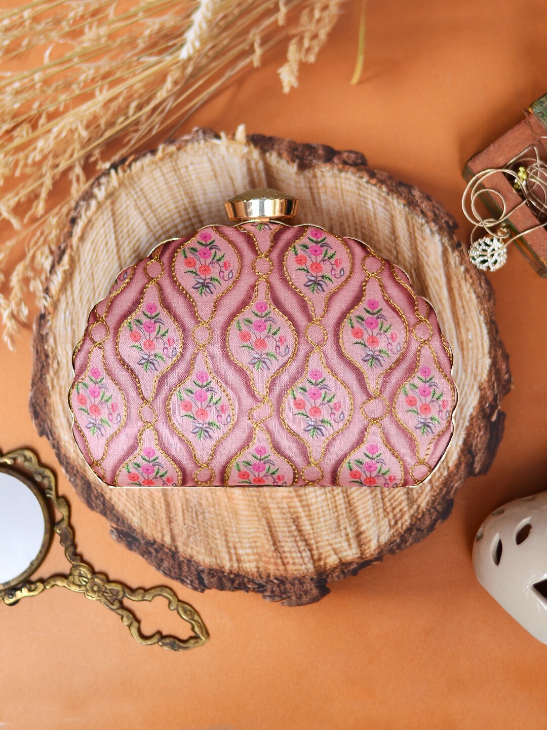 

ARTKLIM Pink & Green Printed Embroidered Half Moon Clutch