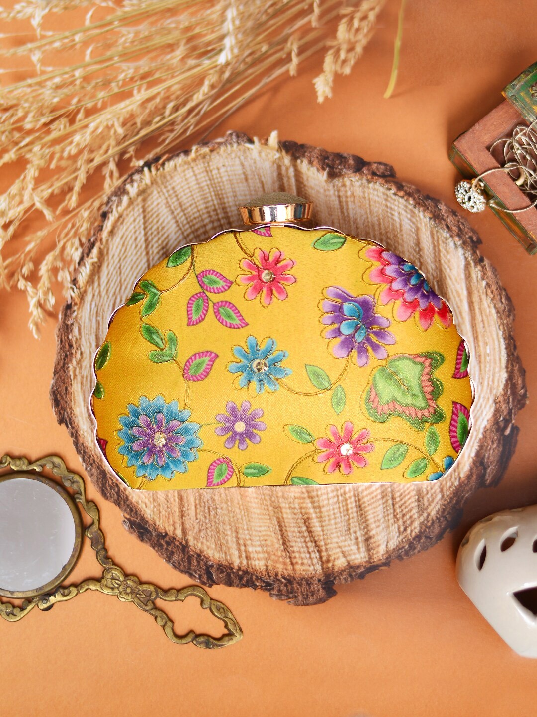 

ARTKLIM Yellow & Blue Printed Embroidered Half Moon Clutch