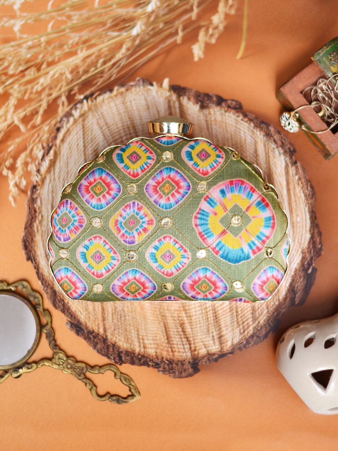 

ARTKLIM Green & Yellow Printed Embroidered Half Moon Clutch