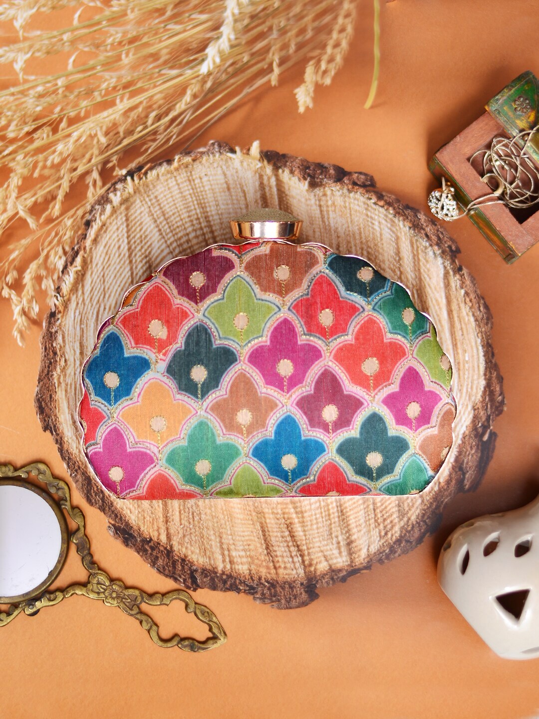 

ARTKLIM Pink & Green Printed Embroidered Half Moon Clutch