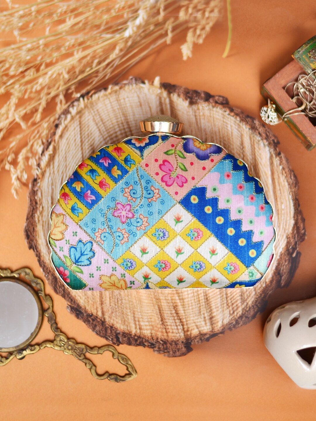 

ARTKLIM Blue & Yellow Printed Embroidered Half Moon Clutch