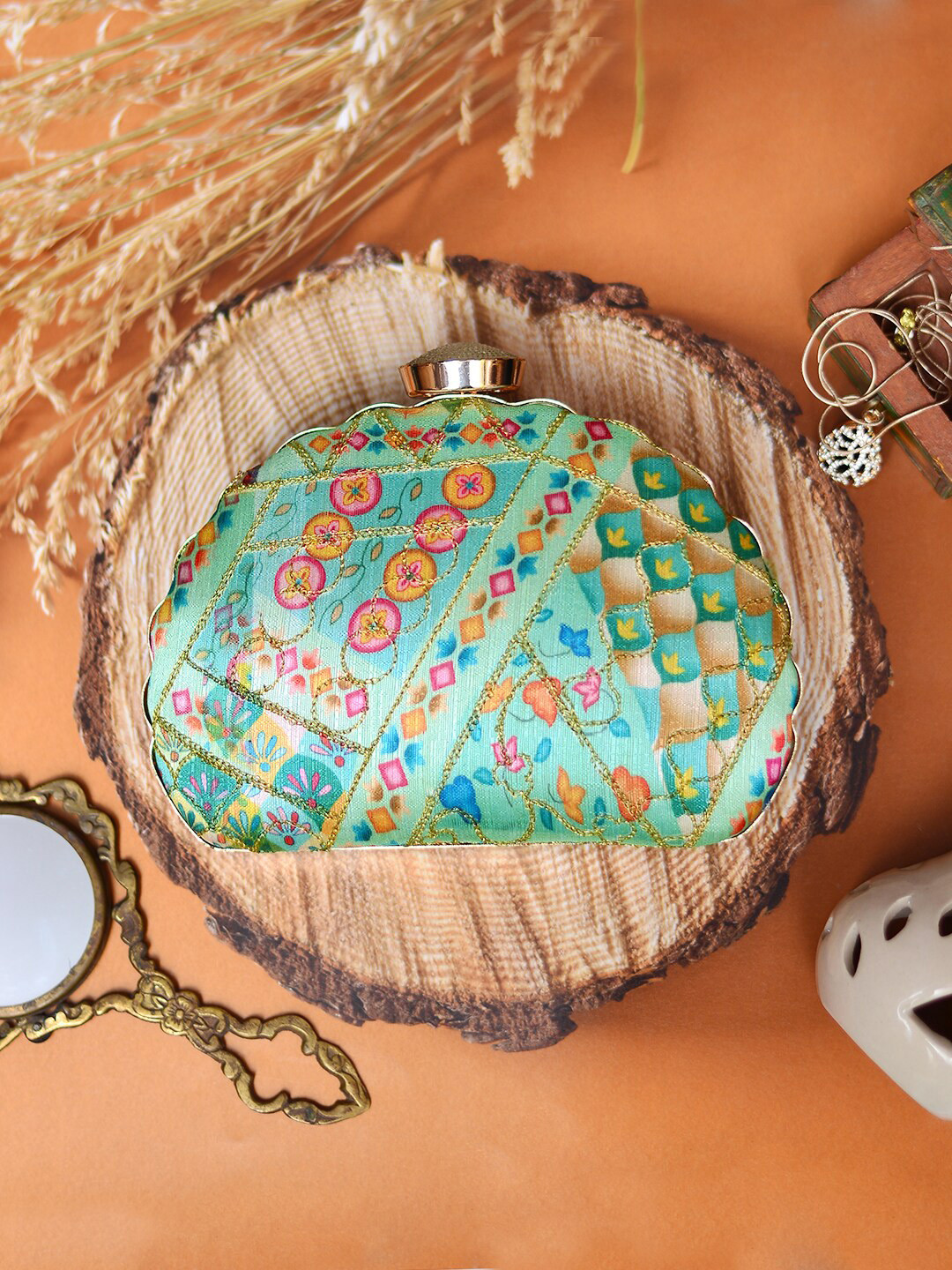 

ARTKLIM Green & Orange Printed Embroidered Half Moon Clutch