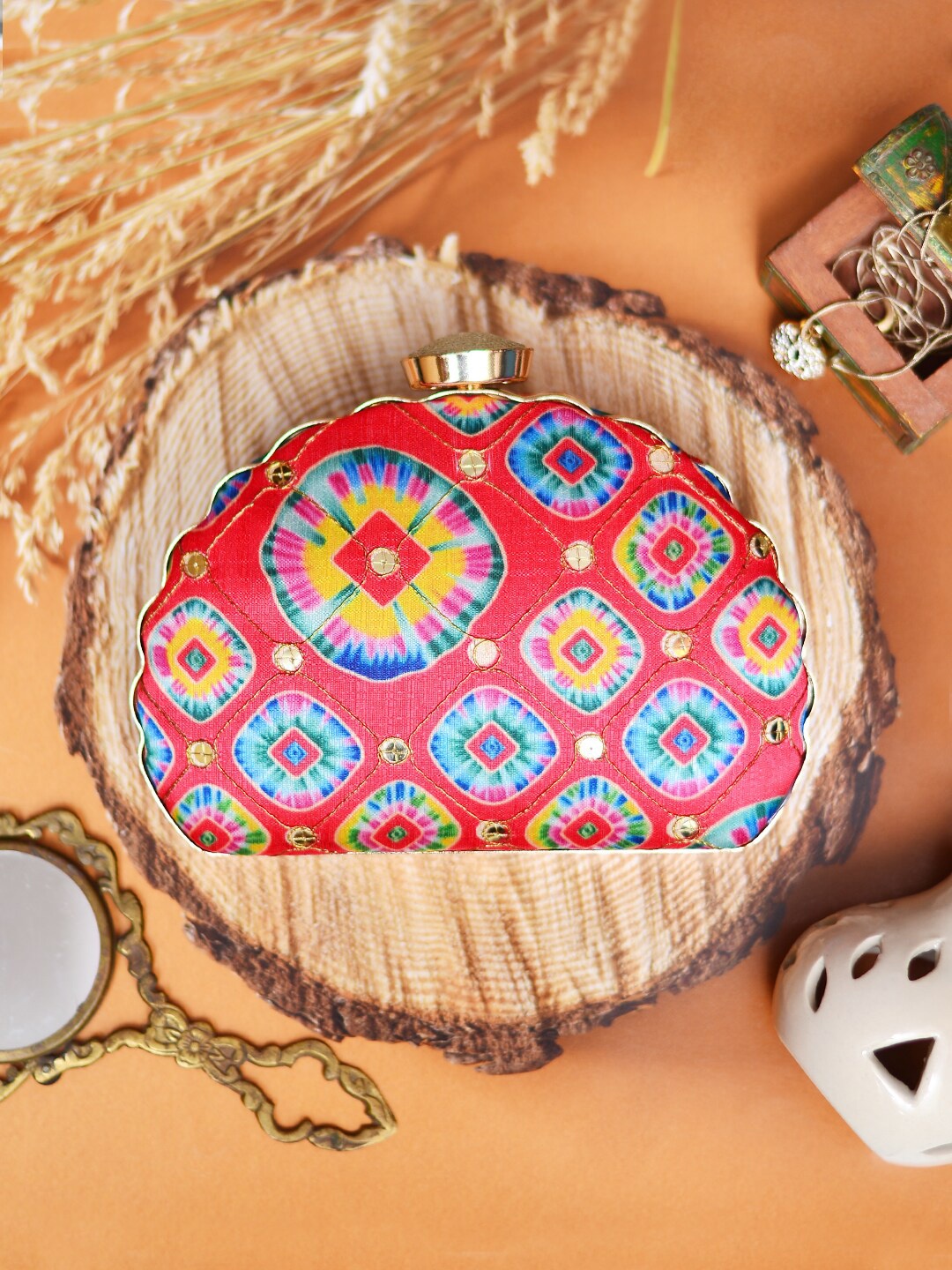 

ARTKLIM Red & Blue Printed Embroidered Half Moon Clutch