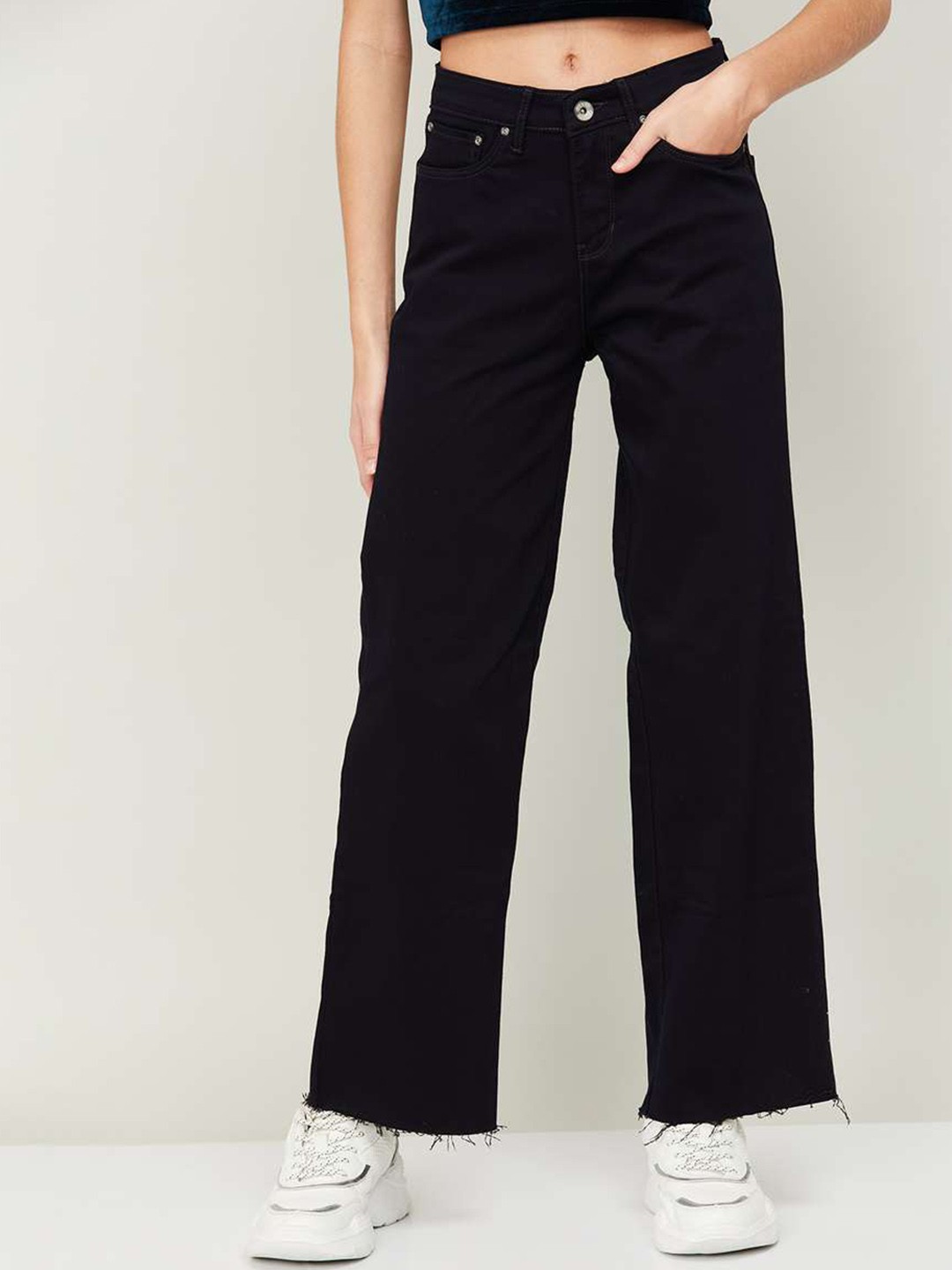 

Xpose Women Navy Blue Cotton Comfort Wide Leg High-Rise Stretchable Jeans