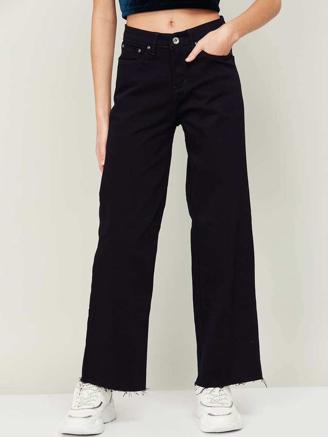 

Xpose Women Navy Blue Cotton Comfort Wide Leg High-Rise Slash Knee Stretchable Jeans