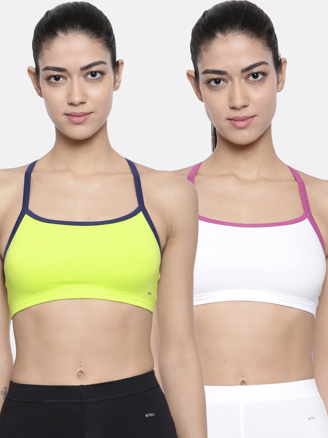 

Bitz White & Lime Green Pack of 2 Cotton Solid Workout Bra